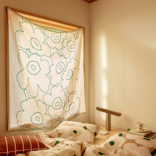 Marimekko Piirto Unikko Off White / Dark Green Linen Fabric